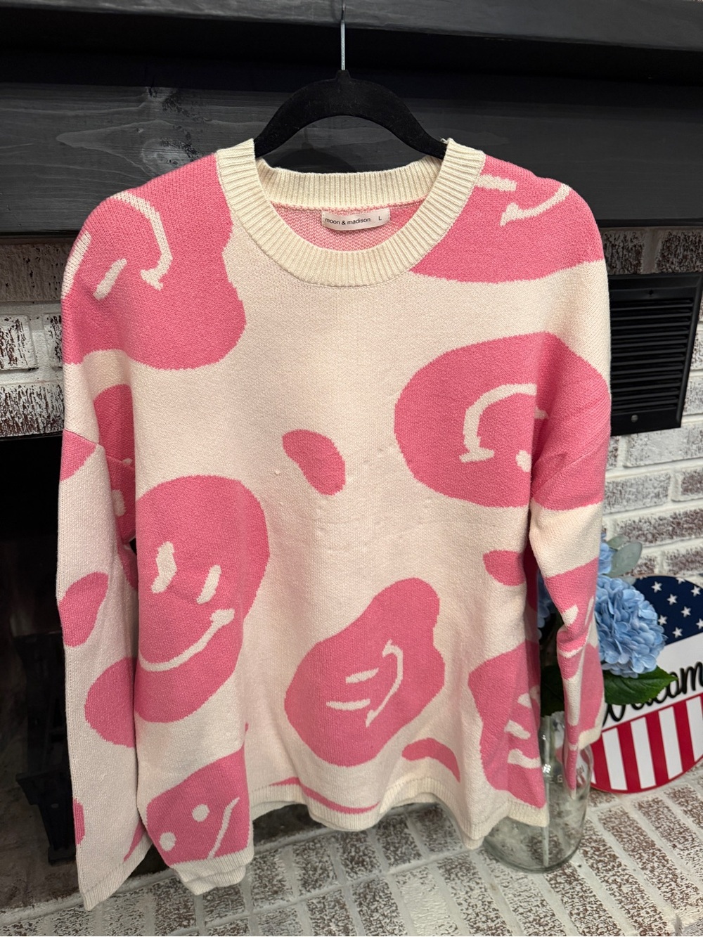 moon & madison Pink and Cream Smiley Intarsia Crewneck Sweater